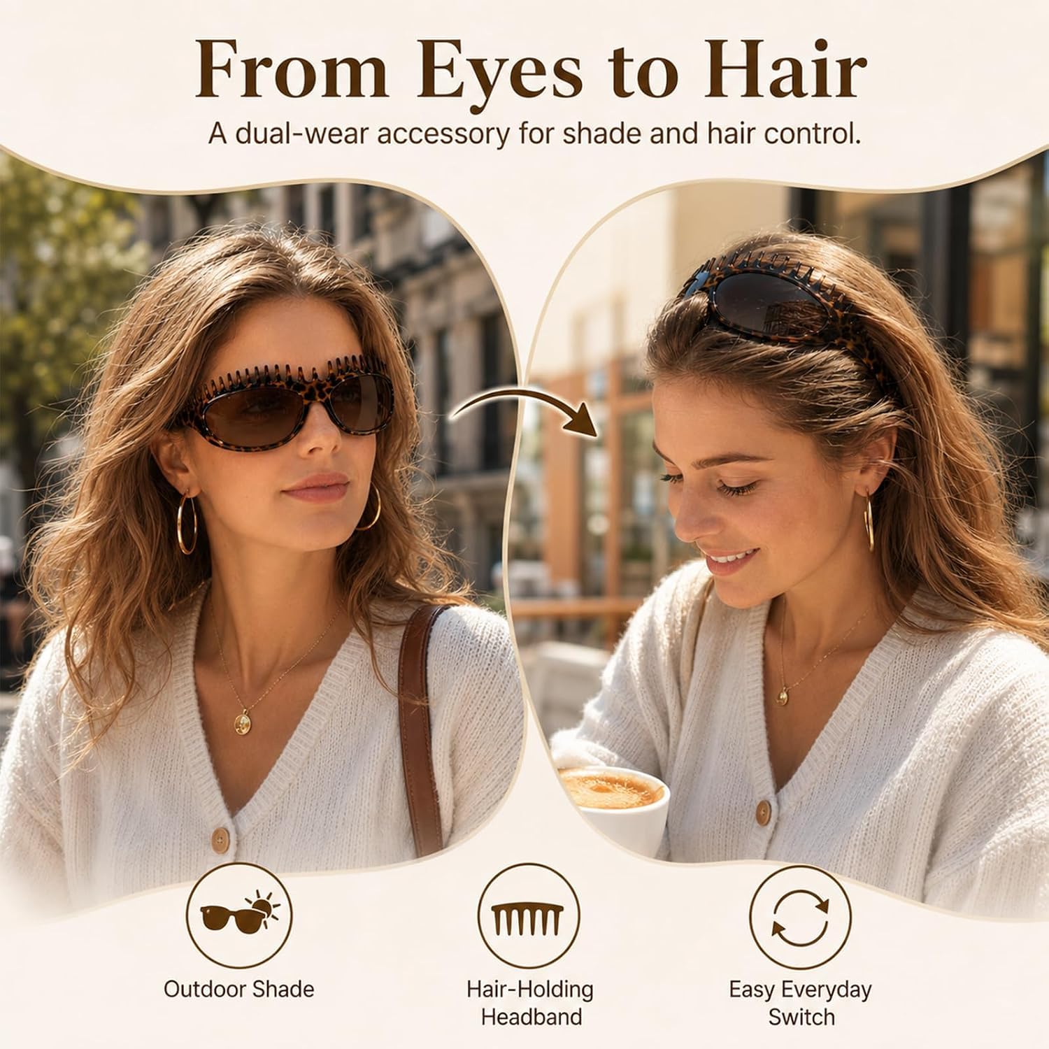 2 in 1 Foldable Sunglasses Headband Chic Tortoiseshell Hair Accessory, for Women Summer Workout Yoga Travel Daily Use