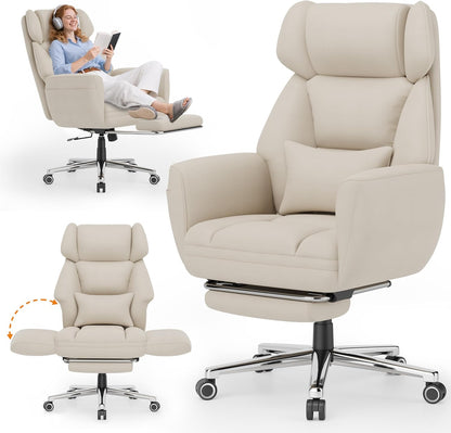 Office Criss Cross Chair with Footrest, Big and Tall Executive Chair with Wide Seat,Reversible Armrest,Wheels, Lumbar Pillow and 120°Tilt,Computer Desk Chair for Gaming,Meditation,Ivory