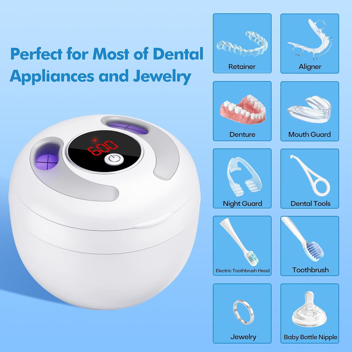 Upgraded Ultrasonic Retainer Cleaner, 45Khz Ultrasonic Dentures Cleaner for Night Guards, Braces, Aligner, Toothbrush, Jewelry and More, 4 Modes Cleaning Pod 200ML