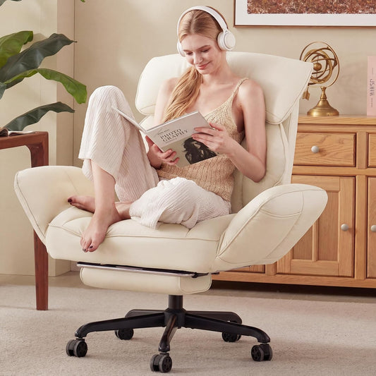Cross Legged Office Chair with Pivoting Armrests,Criss Cross Chair with Pocket Spring Seat & Back,Reclining Computer Gaming Chair with Footrest and Metal Base (Cream)