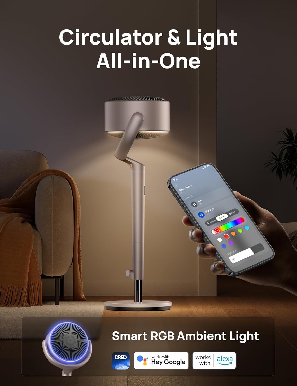 Smart Fans for Bedroom, 120° +120° Omni-Directional Oscillating Fan, 100Ft Quiet Pedestal Fan with RGB Light, 9 Speeds, 6 Modes, 20Db, 8H Timer, Wi-Fi/Voice, 37-42" Floor Fans, Starlight