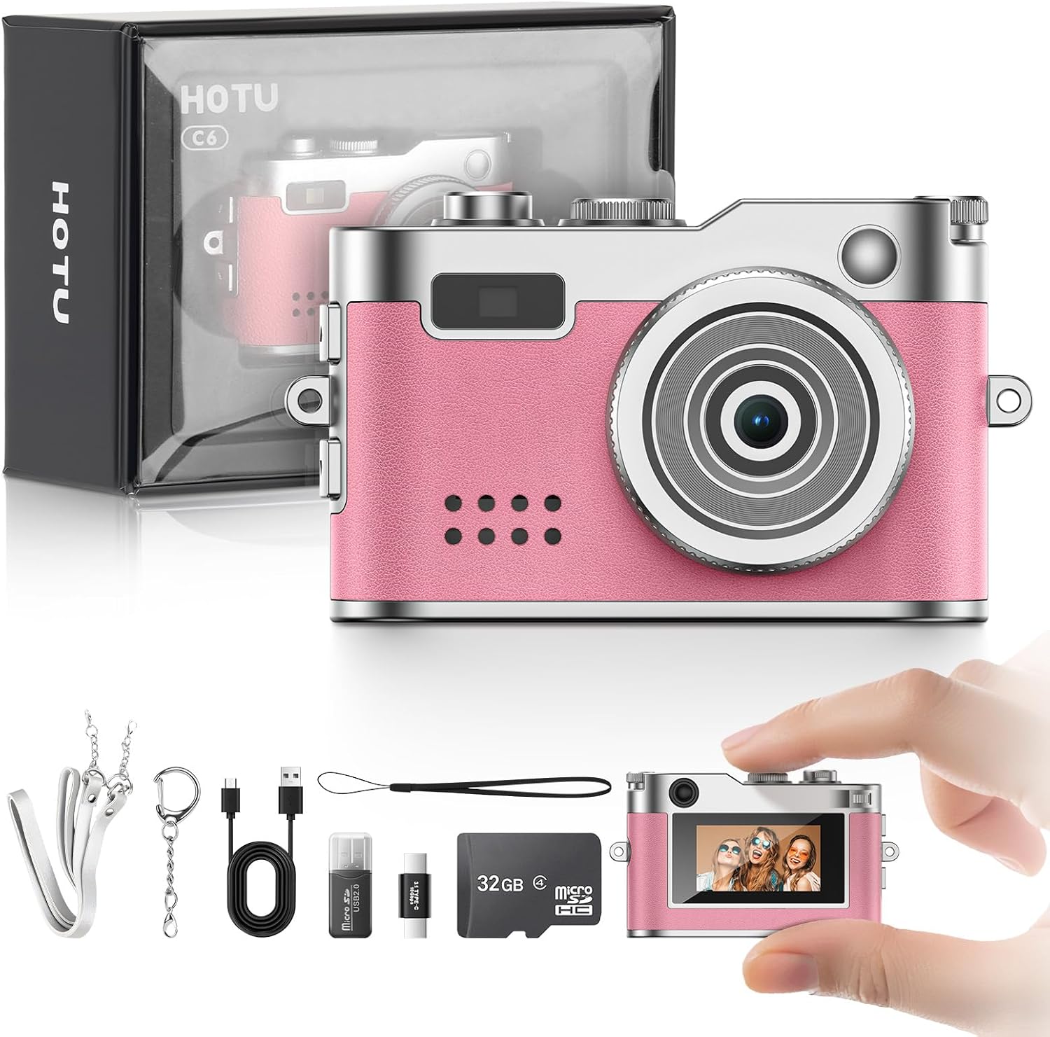 Mini Digital Camera, Keychain Camera 1080P HD with 2MP Lens, Flash, Video Recording, 32G Card Included, Portable and Compact Retro Vlog Camera for Travel, Kids, Pink