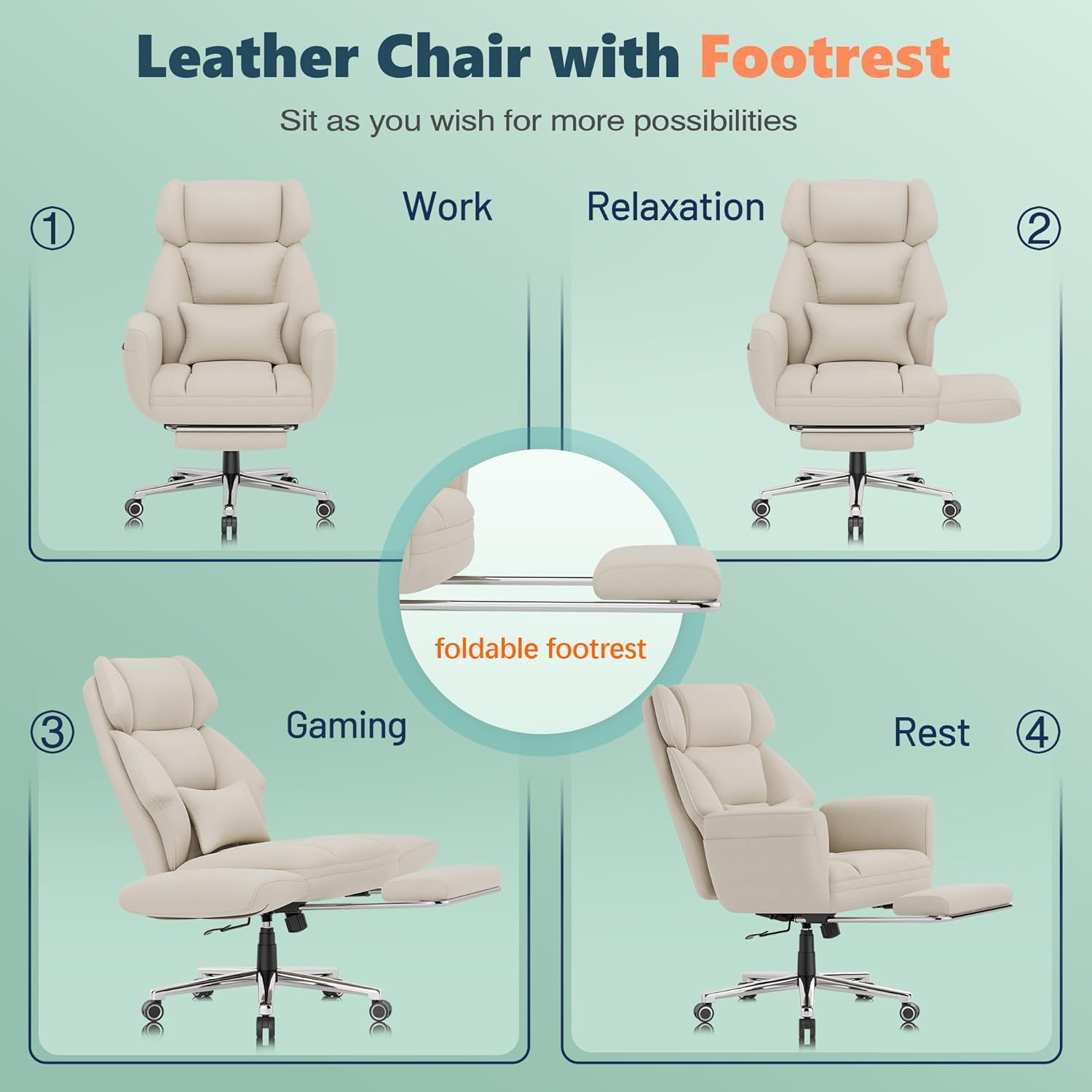 Office Criss Cross Chair with Footrest, Big and Tall Executive Chair with Wide Seat,Reversible Armrest,Wheels, Lumbar Pillow and 120°Tilt,Computer Desk Chair for Gaming,Meditation,Ivory