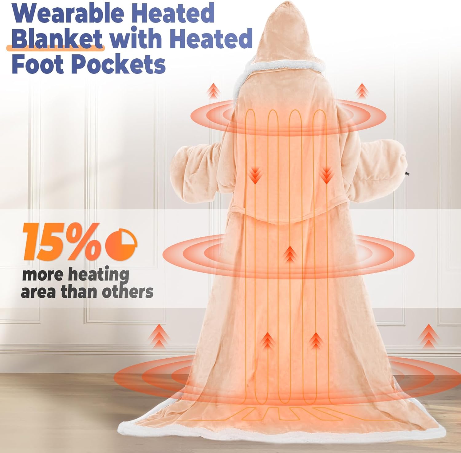 Wearable Heated Blanket with Foot Pocket, Electric Wearable Throw Blanket with Sleeves, Hood, Portable Heated Blanket with 8 Heat Settings, 1-10 Hours Auto Shut-Off, Gift for Family, Friends, 50*70"