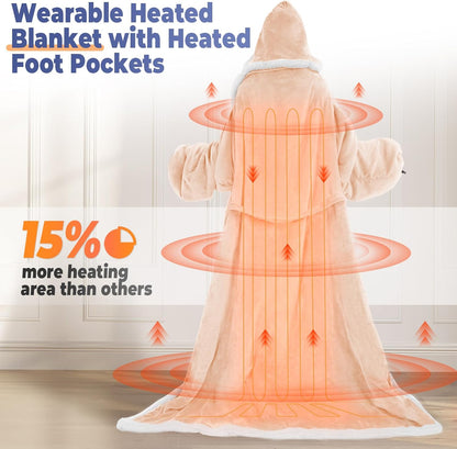 Wearable Heated Blanket with Foot Pocket, Electric Wearable Throw Blanket with Sleeves, Hood, Portable Heated Blanket with 8 Heat Settings, 1-10 Hours Auto Shut-Off, Gift for Family, Friends, 50*70"