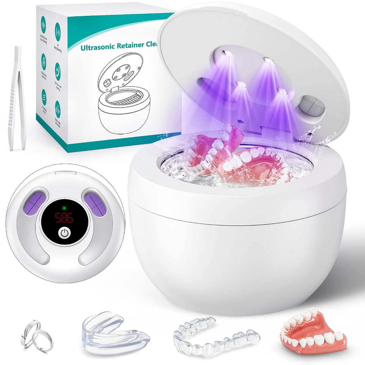 Upgraded Ultrasonic Retainer Cleaner, 45Khz Ultrasonic Dentures Cleaner for Night Guards, Braces, Aligner, Toothbrush, Jewelry and More, 4 Modes Cleaning Pod 200ML