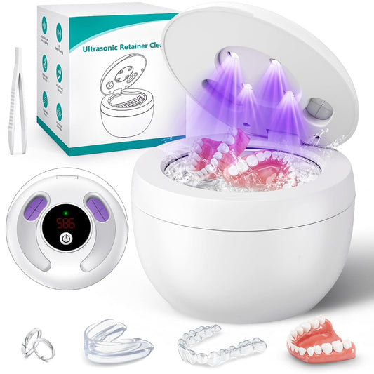 Upgraded Ultrasonic Retainer Cleaner, 45Khz Ultrasonic Dentures Cleaner for Night Guards, Braces, Aligner, Toothbrush, Jewelry and More, 4 Modes Cleaning Pod 200ML