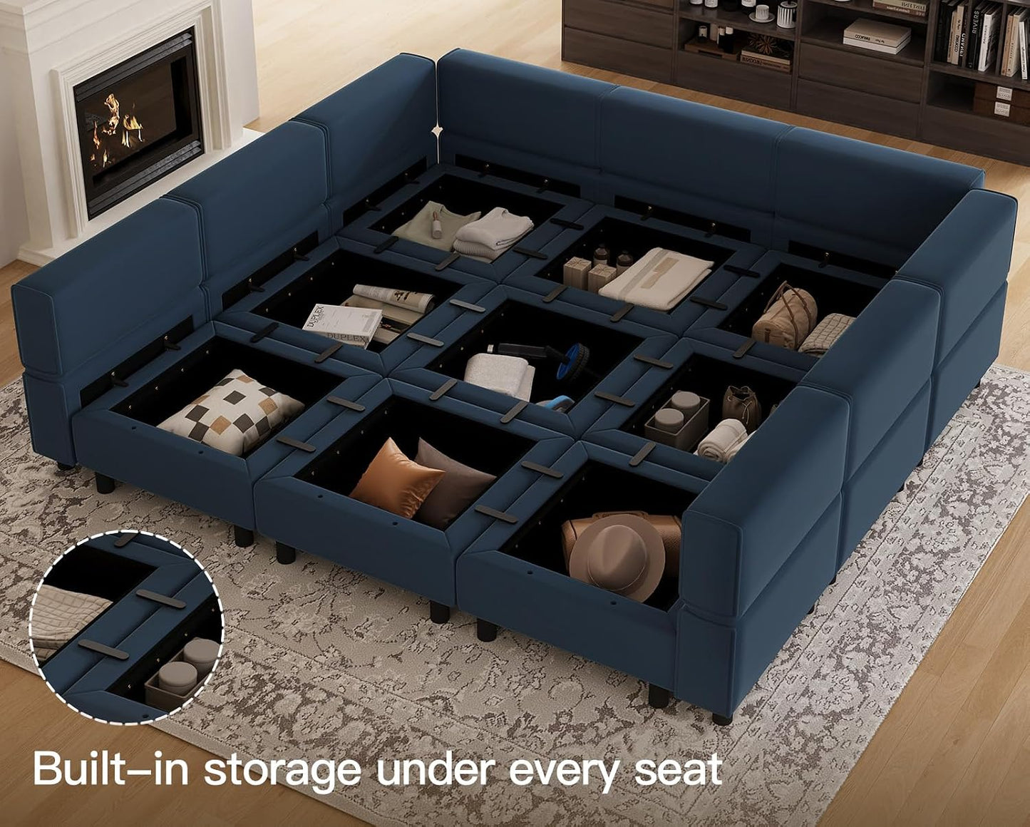 Modular Sectional Sofa with Ottomans Velvet Reversible Sleeper Sectional Sofa with Chaise Modular Sleeper Sofa Bed with Storage Seat Blue
