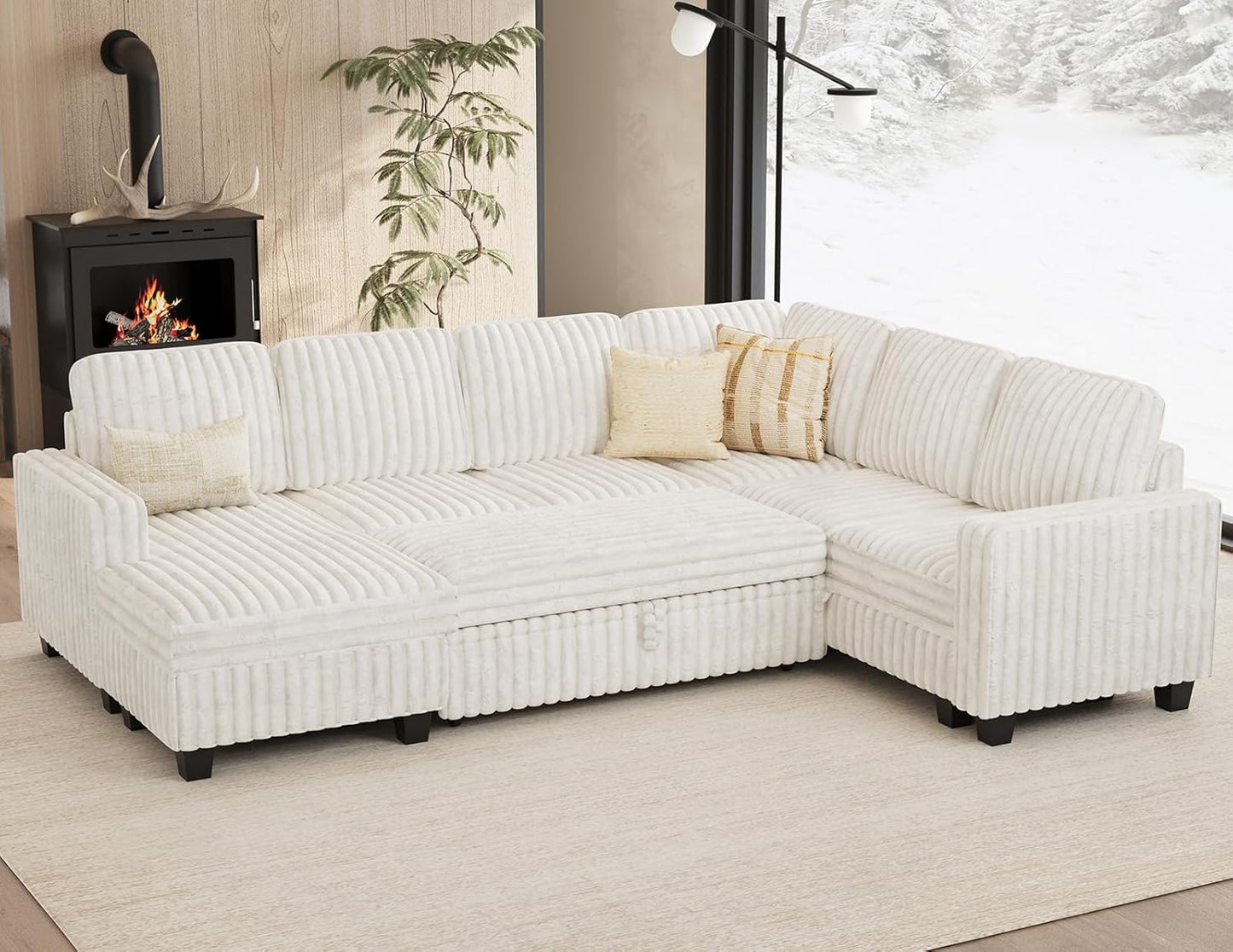 Corduroy Sleeper Sofa Bed with Storage Chaise Modular Sectional Sofa Couch with Pull Out Bed L Shaped Sectional Couches for Living Room Beige Couch