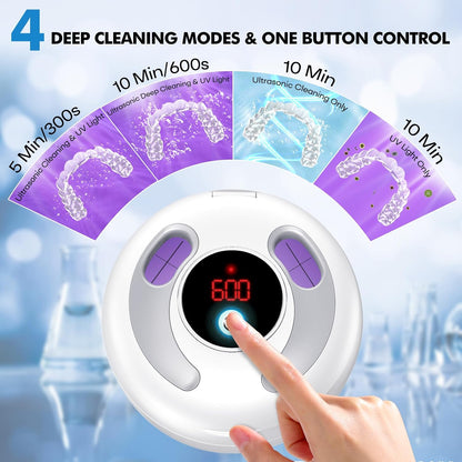 Upgraded Ultrasonic Retainer Cleaner, 45Khz Ultrasonic Dentures Cleaner for Night Guards, Braces, Aligner, Toothbrush, Jewelry and More, 4 Modes Cleaning Pod 200ML