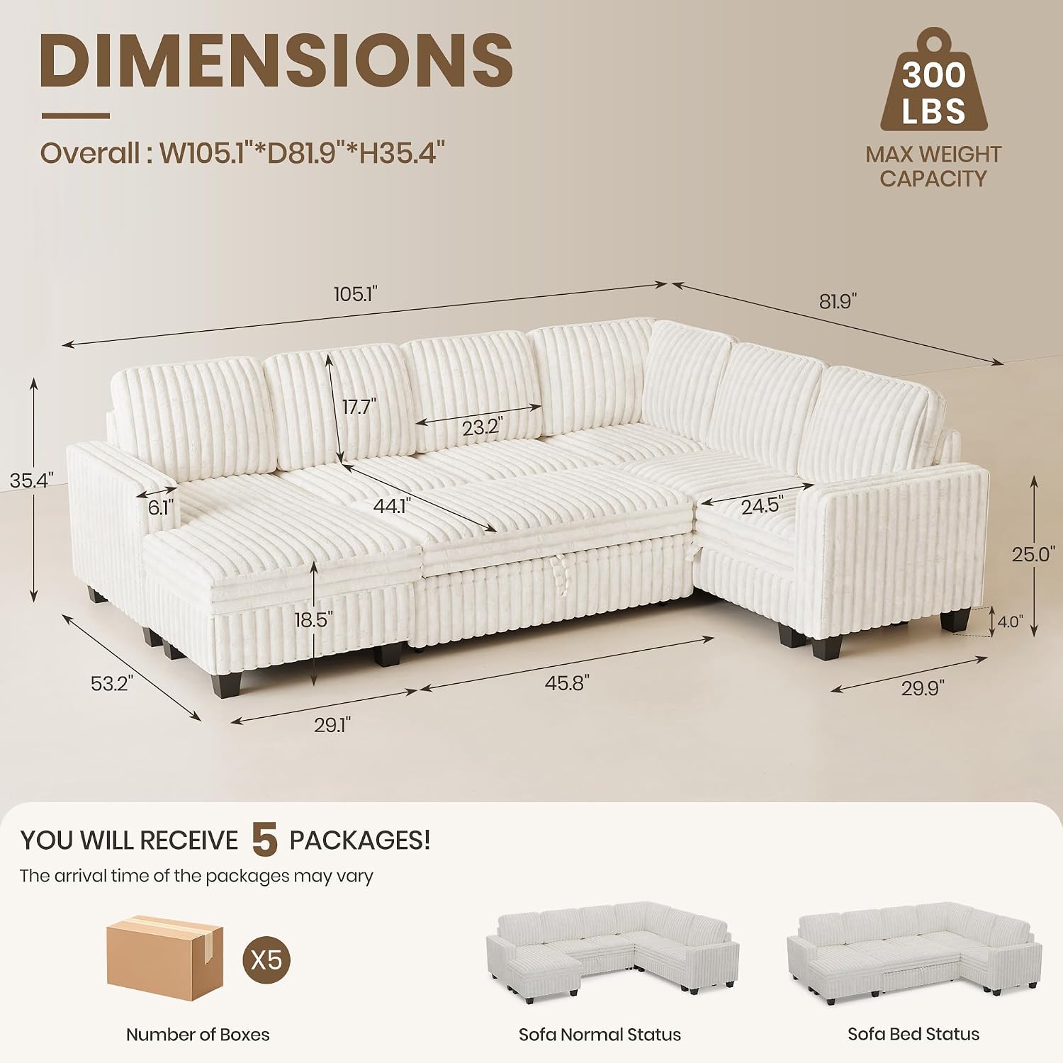 Corduroy Sleeper Sofa Bed with Storage Chaise Modular Sectional Sofa Couch with Pull Out Bed L Shaped Sectional Couches for Living Room Beige Couch