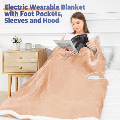 Wearable Heated Blanket with Foot Pocket, Electric Wearable Throw Blanket with Sleeves, Hood, Portable Heated Blanket with 8 Heat Settings, 1-10 Hours Auto Shut-Off, Gift for Family, Friends, 50*70"