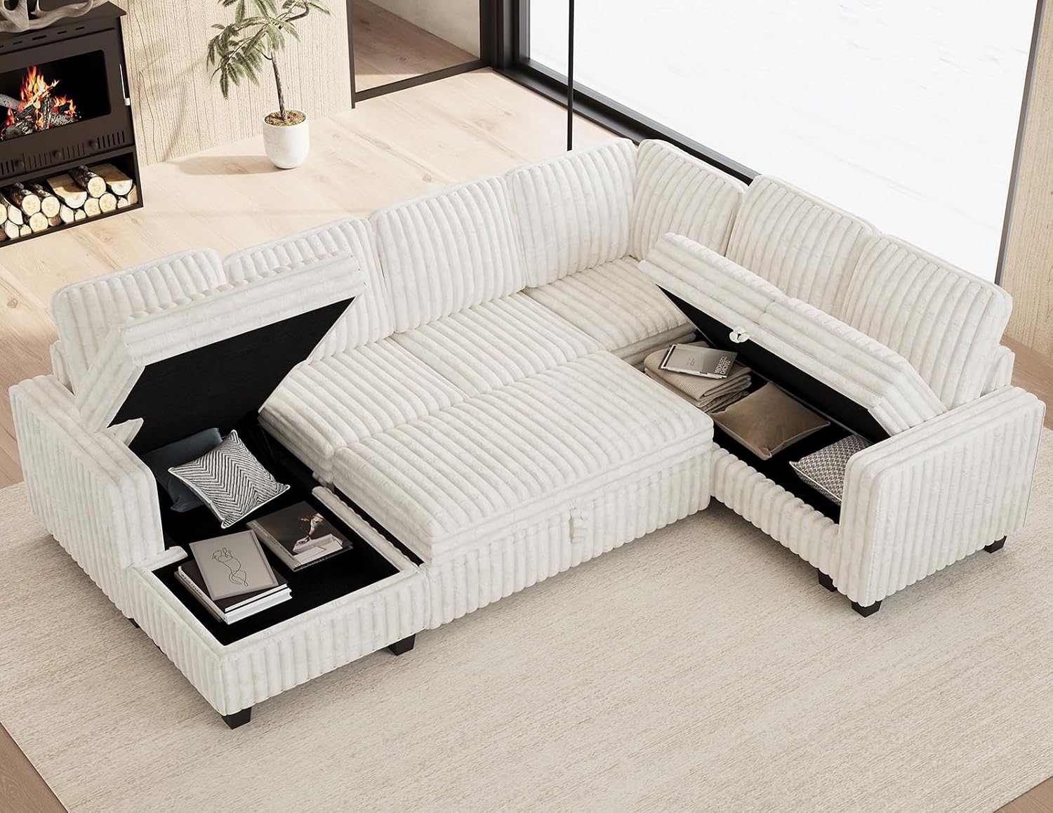 Corduroy Sleeper Sofa Bed with Storage Chaise Modular Sectional Sofa Couch with Pull Out Bed L Shaped Sectional Couches for Living Room Beige Couch