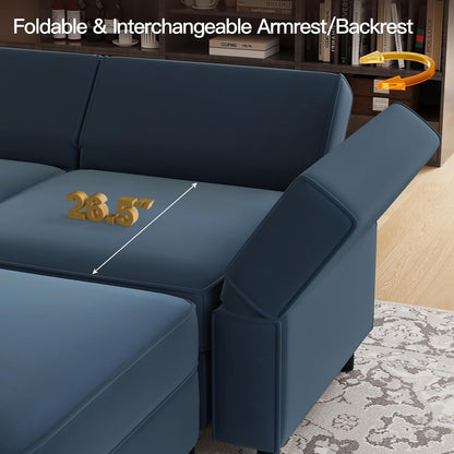 Modular Sectional Sofa with Ottomans Velvet Reversible Sleeper Sectional Sofa with Chaise Modular Sleeper Sofa Bed with Storage Seat Blue