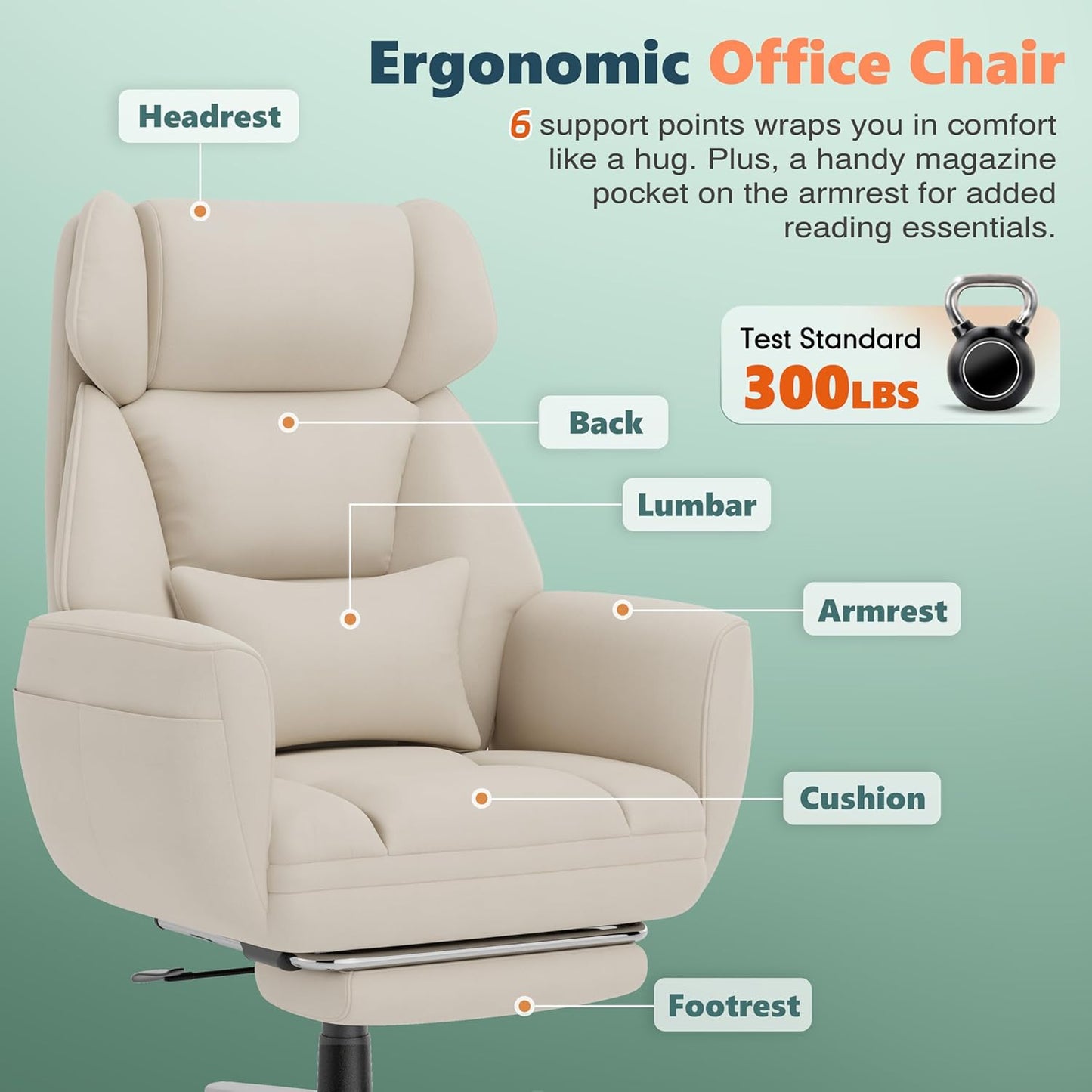 Office Criss Cross Chair with Footrest, Big and Tall Executive Chair with Wide Seat,Reversible Armrest,Wheels, Lumbar Pillow and 120°Tilt,Computer Desk Chair for Gaming,Meditation,Ivory
