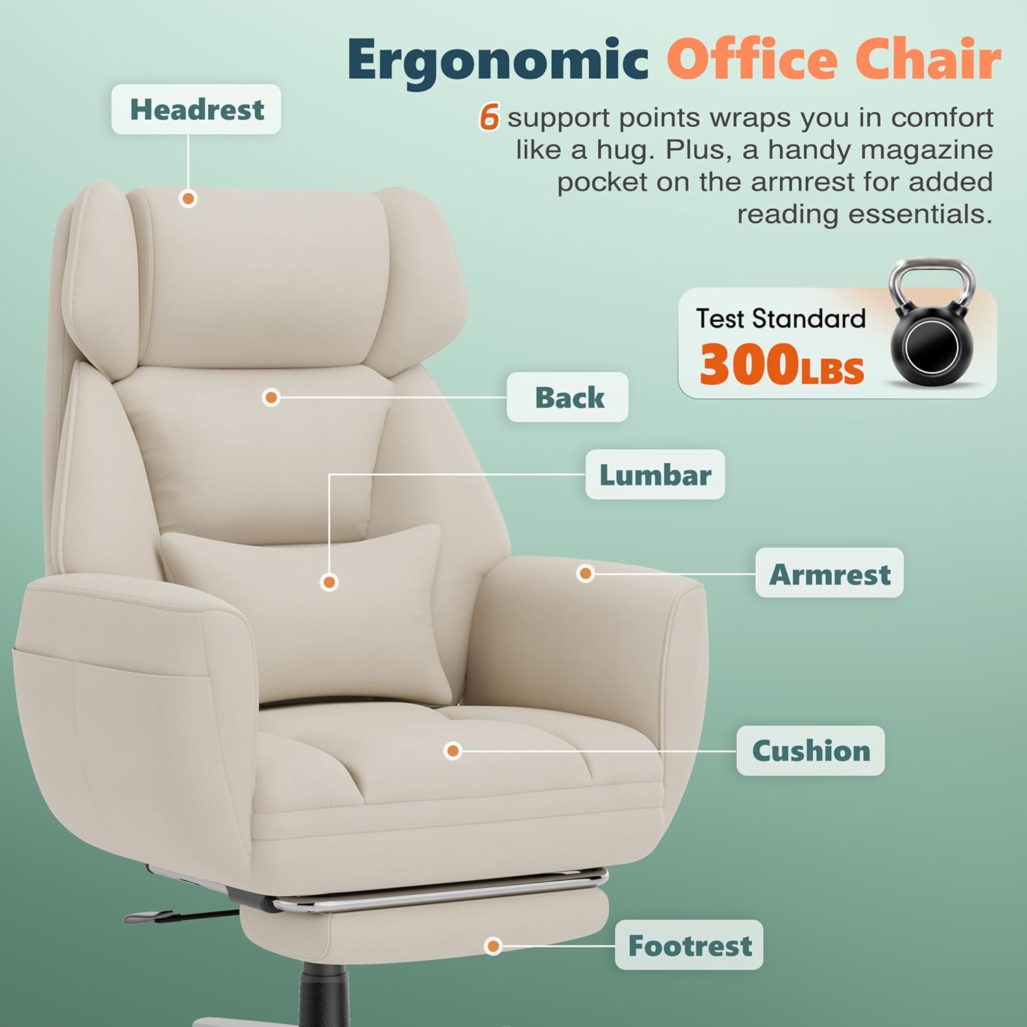 Office Criss Cross Chair with Footrest, Big and Tall Executive Chair with Wide Seat,Reversible Armrest,Wheels, Lumbar Pillow and 120°Tilt,Computer Desk Chair for Gaming,Meditation,Ivory