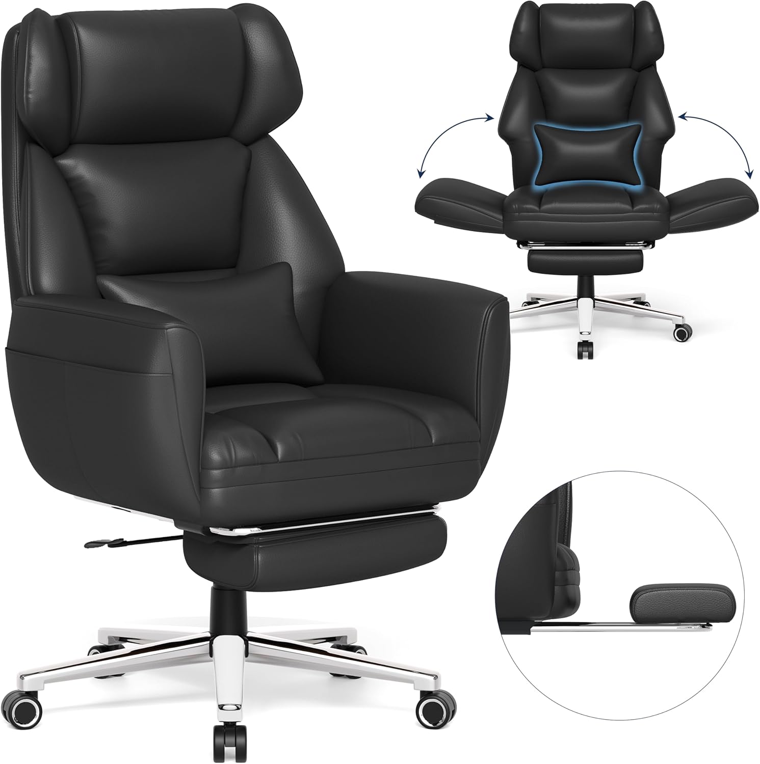 Ergonomic Chair with Footrest – Wide Cross Legged Chair with Reversible Armrests, 120°Tilt, Lumbar Support,Heavy-Duty Base, Big and Tall Executive Chair Plus, Black, GY82766