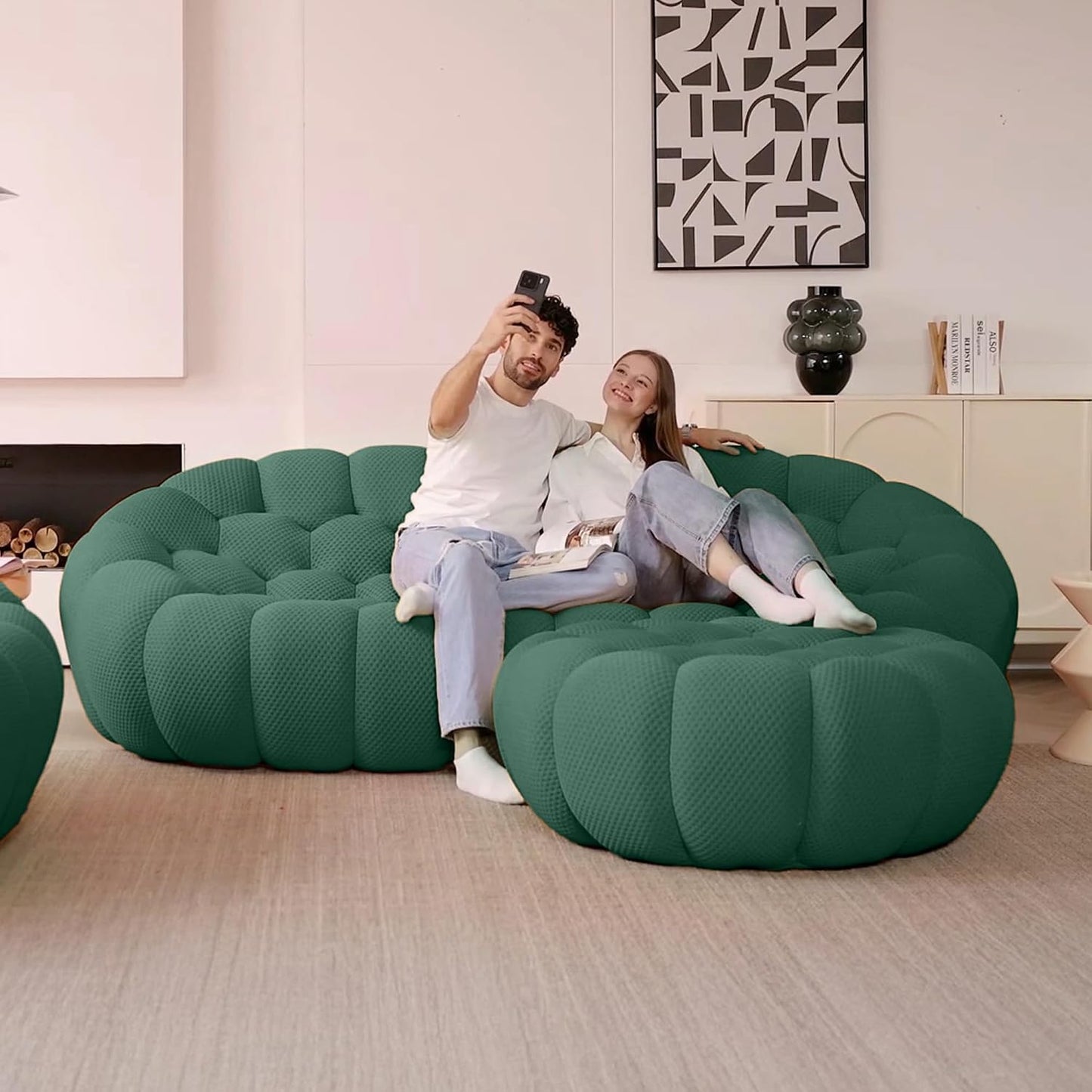 Bubble Couch, 98.43'' Modern 3-Seater Lazy Floor Couch, Memory Foam Bubble round Sofa 3D Honeycomb Shape Curved Sofas for Living Room, Office, Apartment (Green)