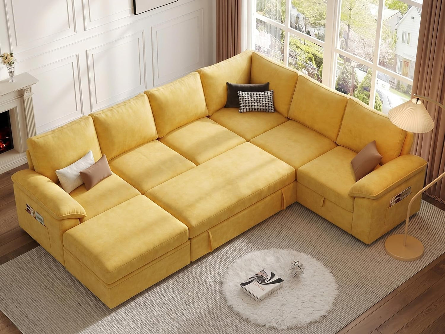 108 Inch Modular Sectional Sofa with Pull Out Bed,U Shaped 7 Seat Sectional Sleeper Sofa with Storage,Sectional Couches for Living Room,Cloud Modular Couch,Removable Sofa Cover,Yellow