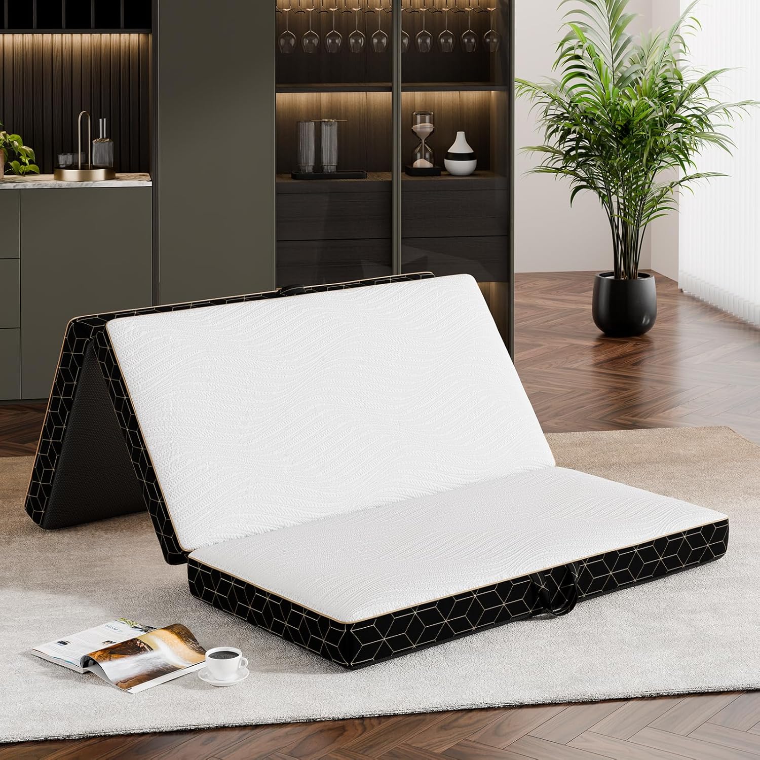 Tri-Fold Memory Foam Mattress Queen - 4 Inch Portable Folding Sofa Bed with Handle & Washable Cover, Floor Sofa Bed with Non-Slip Base, Space-Saving for Room, Travel, Guest Bed, RV, 78"X58"X4"