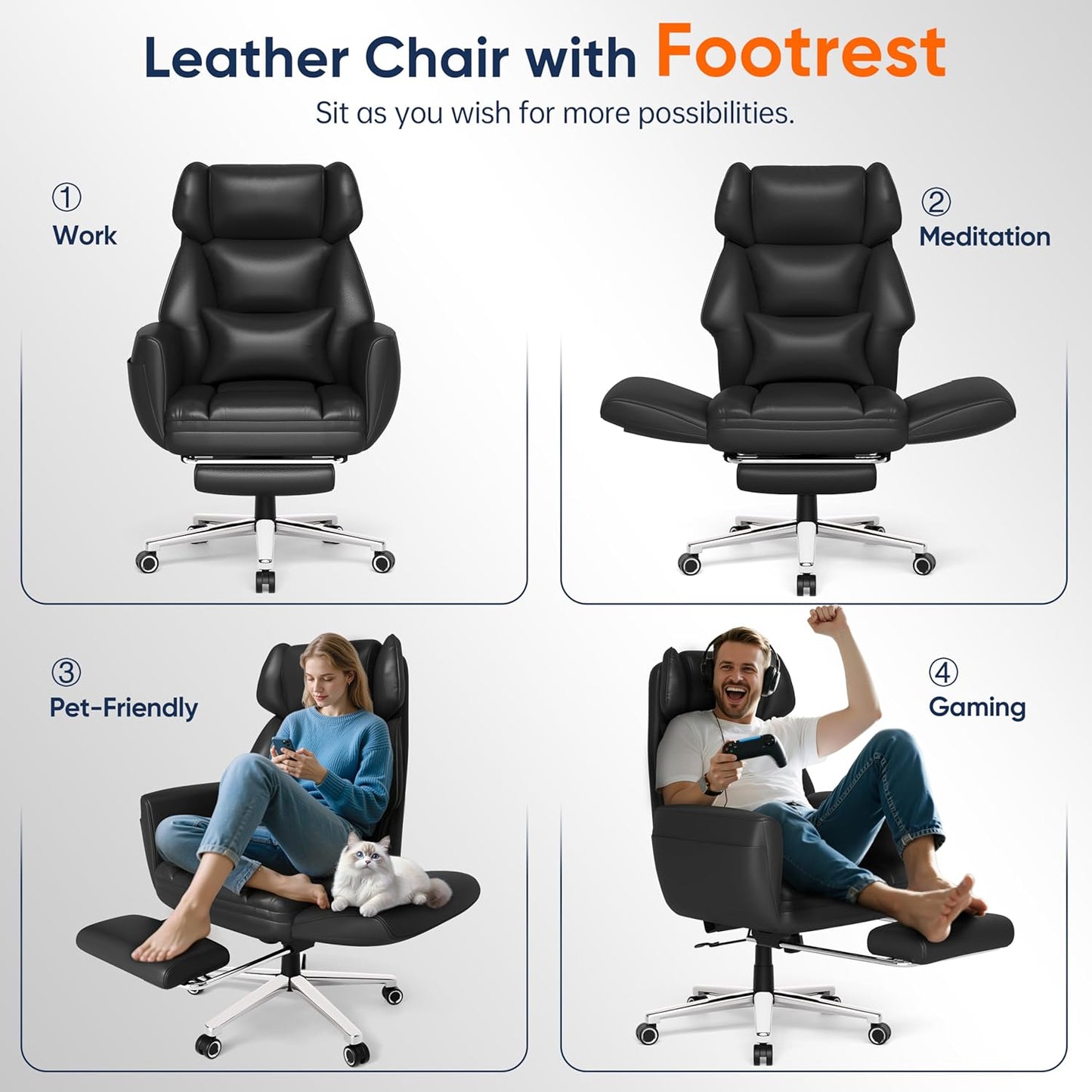 Ergonomic Chair with Footrest – Wide Cross Legged Chair with Reversible Armrests, 120°Tilt, Lumbar Support,Heavy-Duty Base, Big and Tall Executive Chair Plus, Black, GY82766