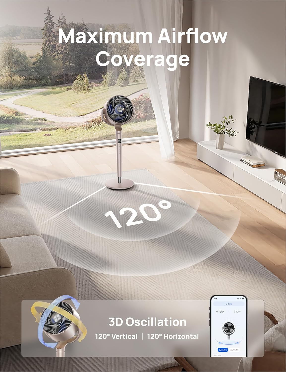 Smart Fans for Bedroom, 120° +120° Omni-Directional Oscillating Fan, 100Ft Quiet Pedestal Fan with RGB Light, 9 Speeds, 6 Modes, 20Db, 8H Timer, Wi-Fi/Voice, 37-42" Floor Fans, Starlight