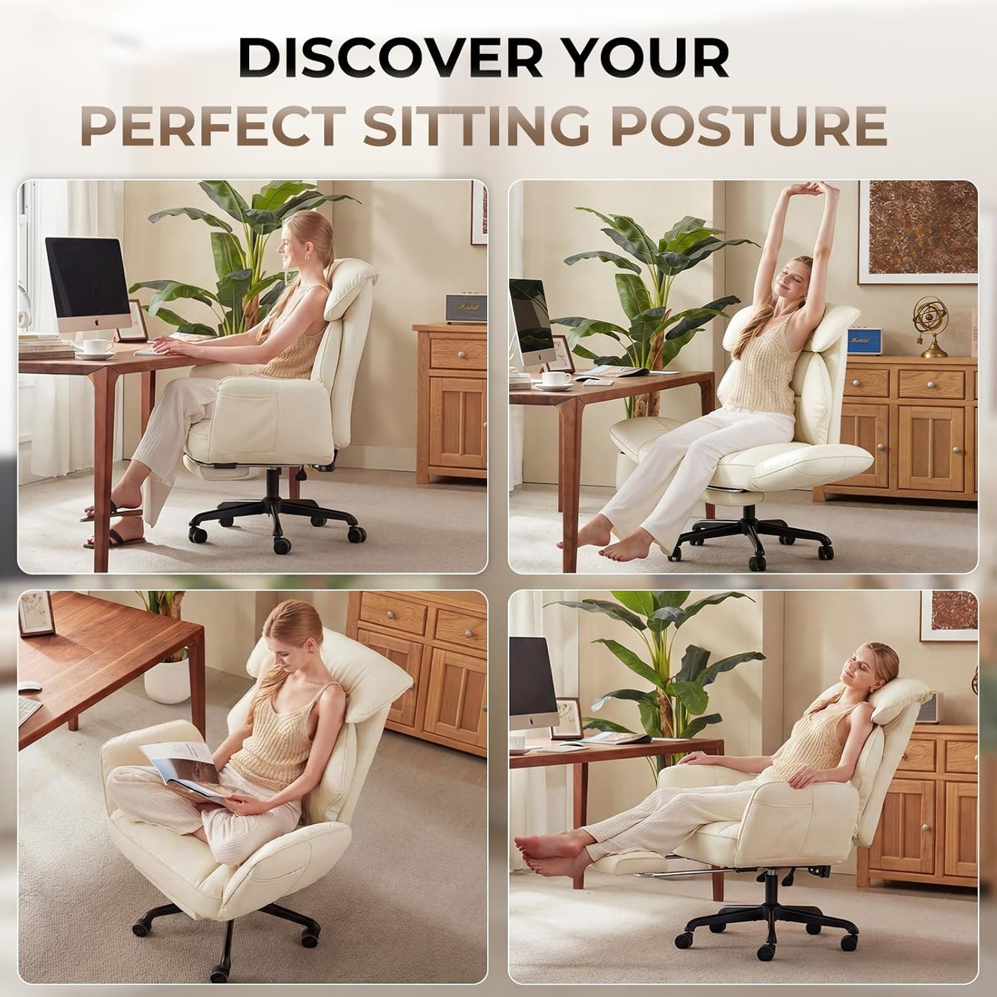 Cross Legged Office Chair with Pivoting Armrests,Criss Cross Chair with Pocket Spring Seat & Back,Reclining Computer Gaming Chair with Footrest and Metal Base (Cream)