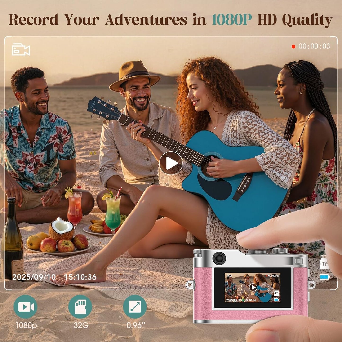 Mini Digital Camera, Keychain Camera 1080P HD with 2MP Lens, Flash, Video Recording, 32G Card Included, Portable and Compact Retro Vlog Camera for Travel, Kids, Pink