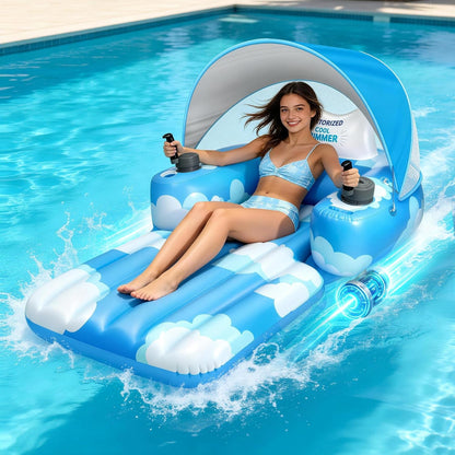 Motorized Pool Float for Adults, Rechargeable Electric Inflatable Lounger with Canopy, Lake River Floats Adult Size with Dual Motors, Pool Toys for Party, Vacation & Relaxation