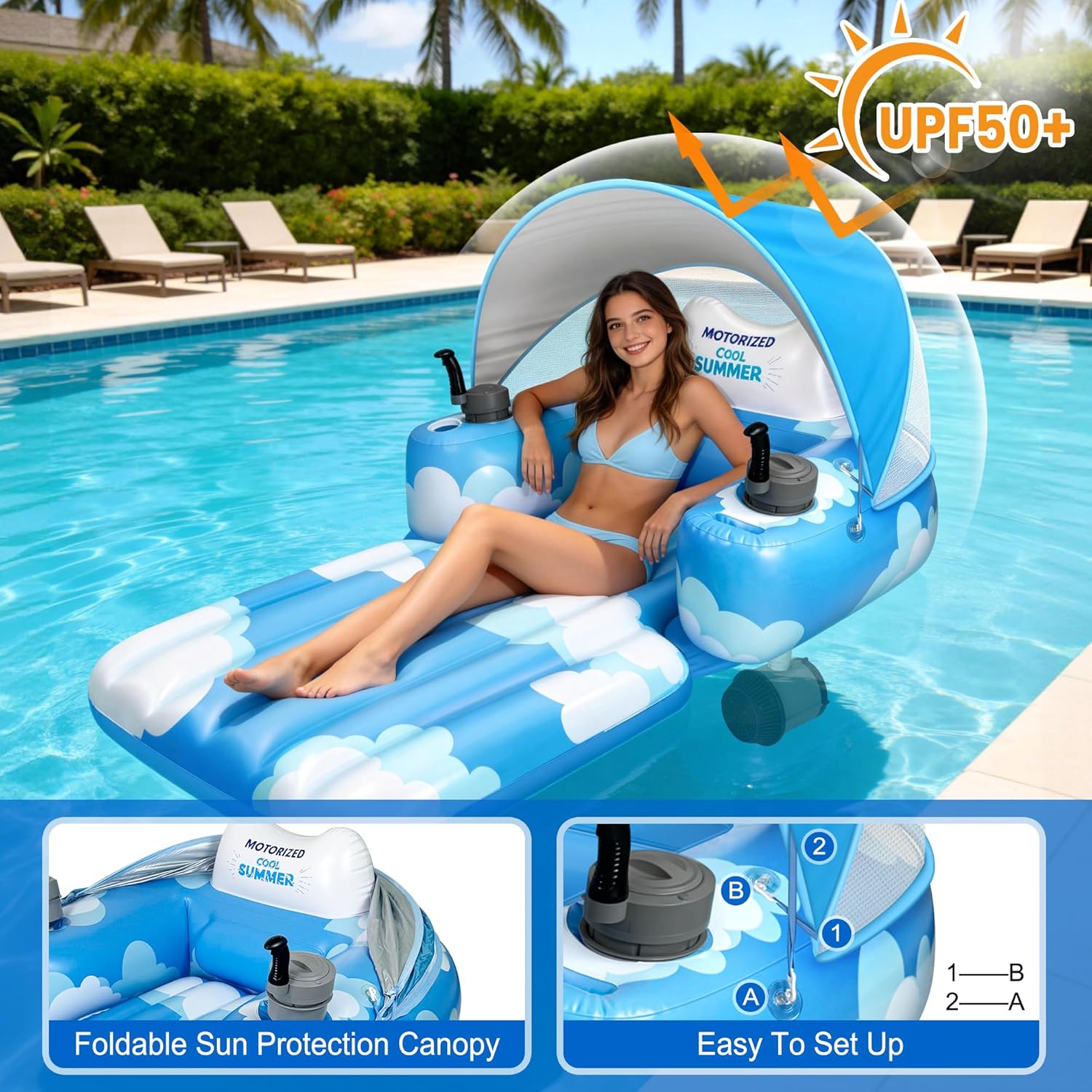 Motorized Pool Float for Adults, Rechargeable Electric Inflatable Lounger with Canopy, Lake River Floats Adult Size with Dual Motors, Pool Toys for Party, Vacation & Relaxation