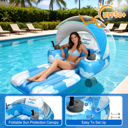 Motorized Pool Float for Adults, Rechargeable Electric Inflatable Lounger with Canopy, Lake River Floats Adult Size with Dual Motors, Pool Toys for Party, Vacation & Relaxation