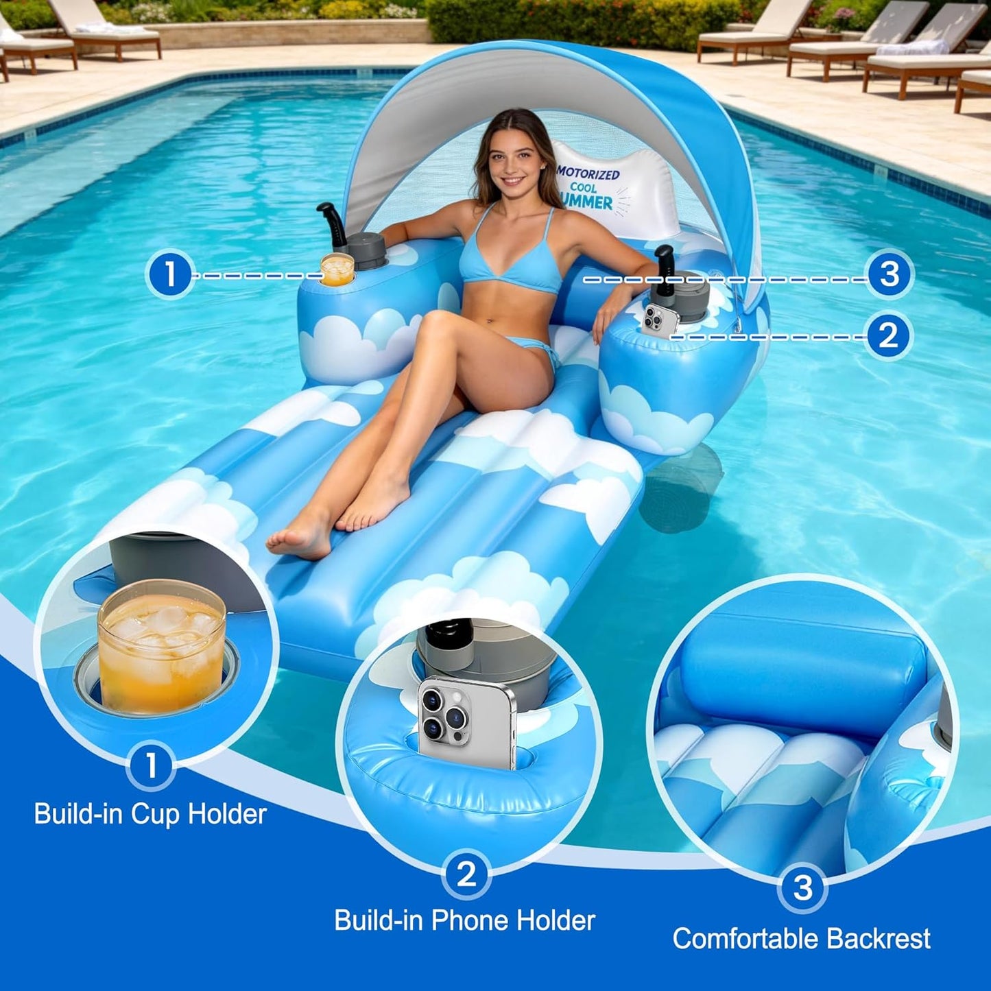 Motorized Pool Float for Adults, Rechargeable Electric Inflatable Lounger with Canopy, Lake River Floats Adult Size with Dual Motors, Pool Toys for Party, Vacation & Relaxation