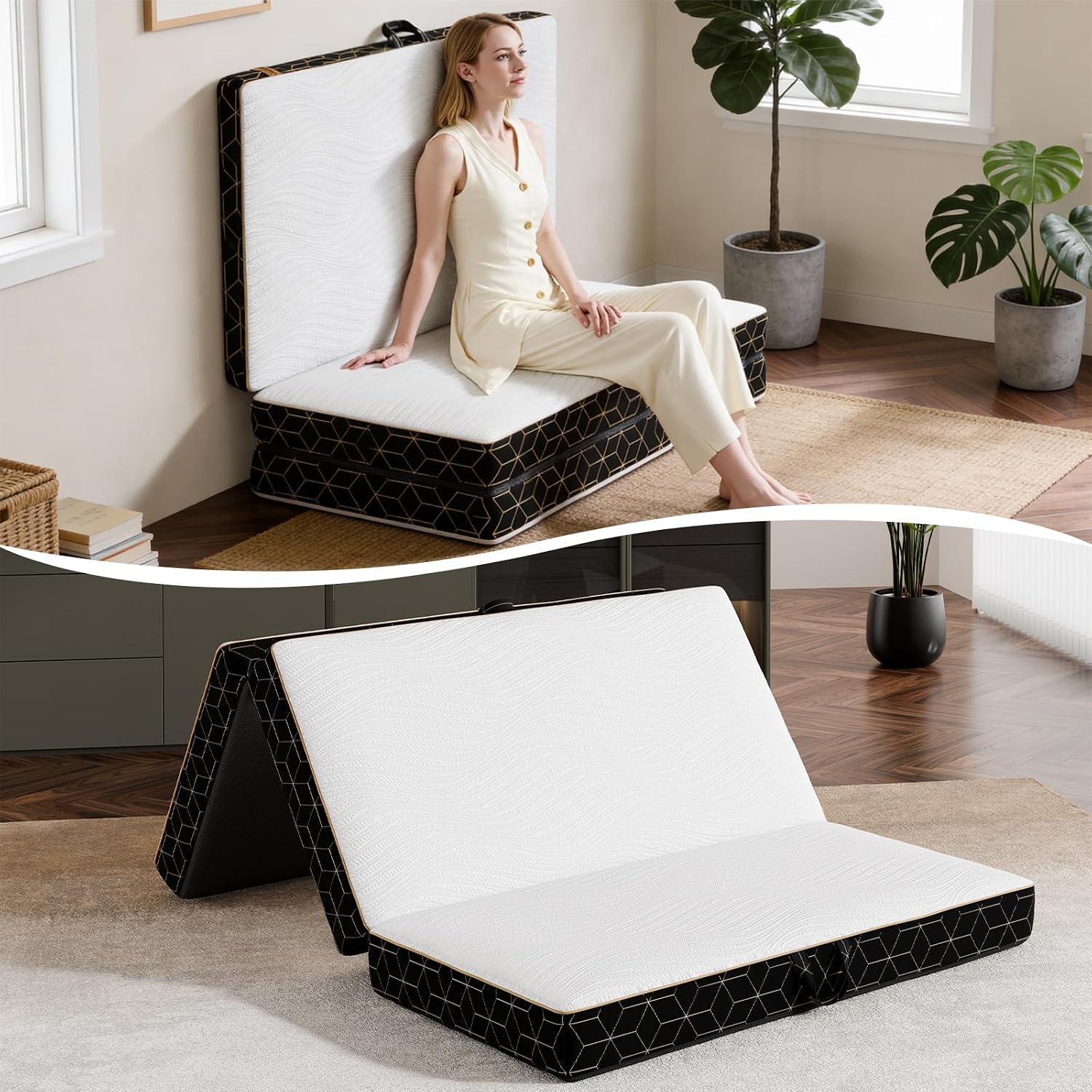 Tri-Fold Memory Foam Mattress Queen - 4 Inch Portable Folding Sofa Bed with Handle & Washable Cover, Floor Sofa Bed with Non-Slip Base, Space-Saving for Room, Travel, Guest Bed, RV, 78"X58"X4"
