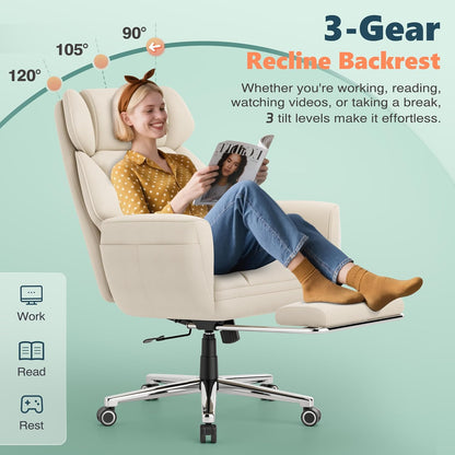 Office Criss Cross Chair with Footrest, Big and Tall Executive Chair with Wide Seat,Reversible Armrest,Wheels, Lumbar Pillow and 120°Tilt,Computer Desk Chair for Gaming,Meditation,Ivory