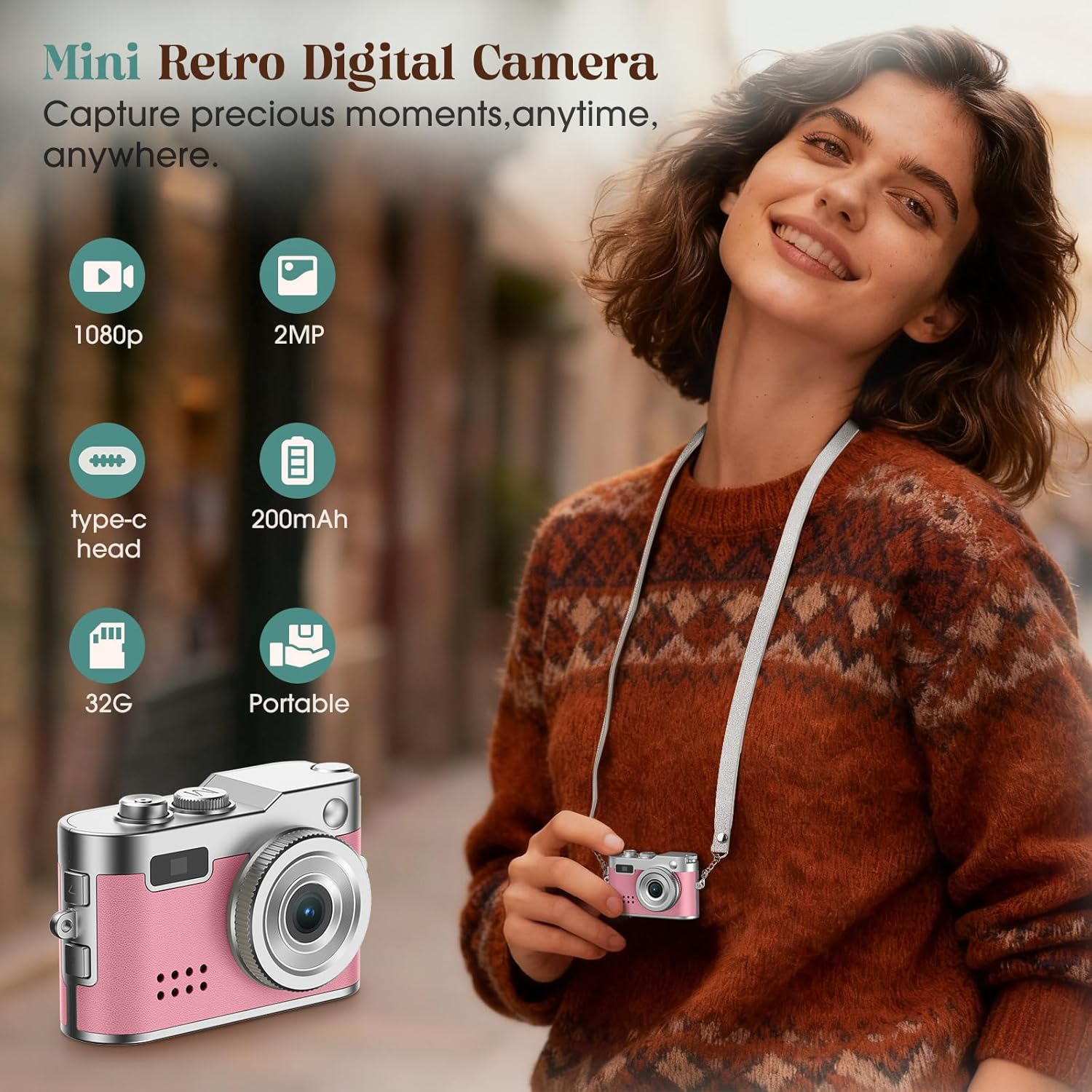 Mini Digital Camera, Keychain Camera 1080P HD with 2MP Lens, Flash, Video Recording, 32G Card Included, Portable and Compact Retro Vlog Camera for Travel, Kids, Pink