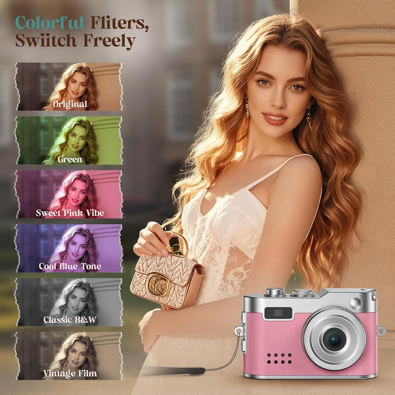 Mini Digital Camera, Keychain Camera 1080P HD with 2MP Lens, Flash, Video Recording, 32G Card Included, Portable and Compact Retro Vlog Camera for Travel, Kids, Pink