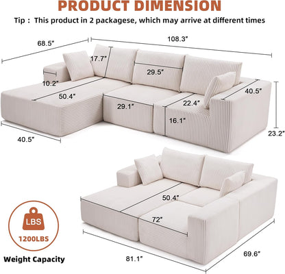 AltaCloud™ 108” Modular Cloud Sofa – Deep Seat with Left Chaise (Beige)