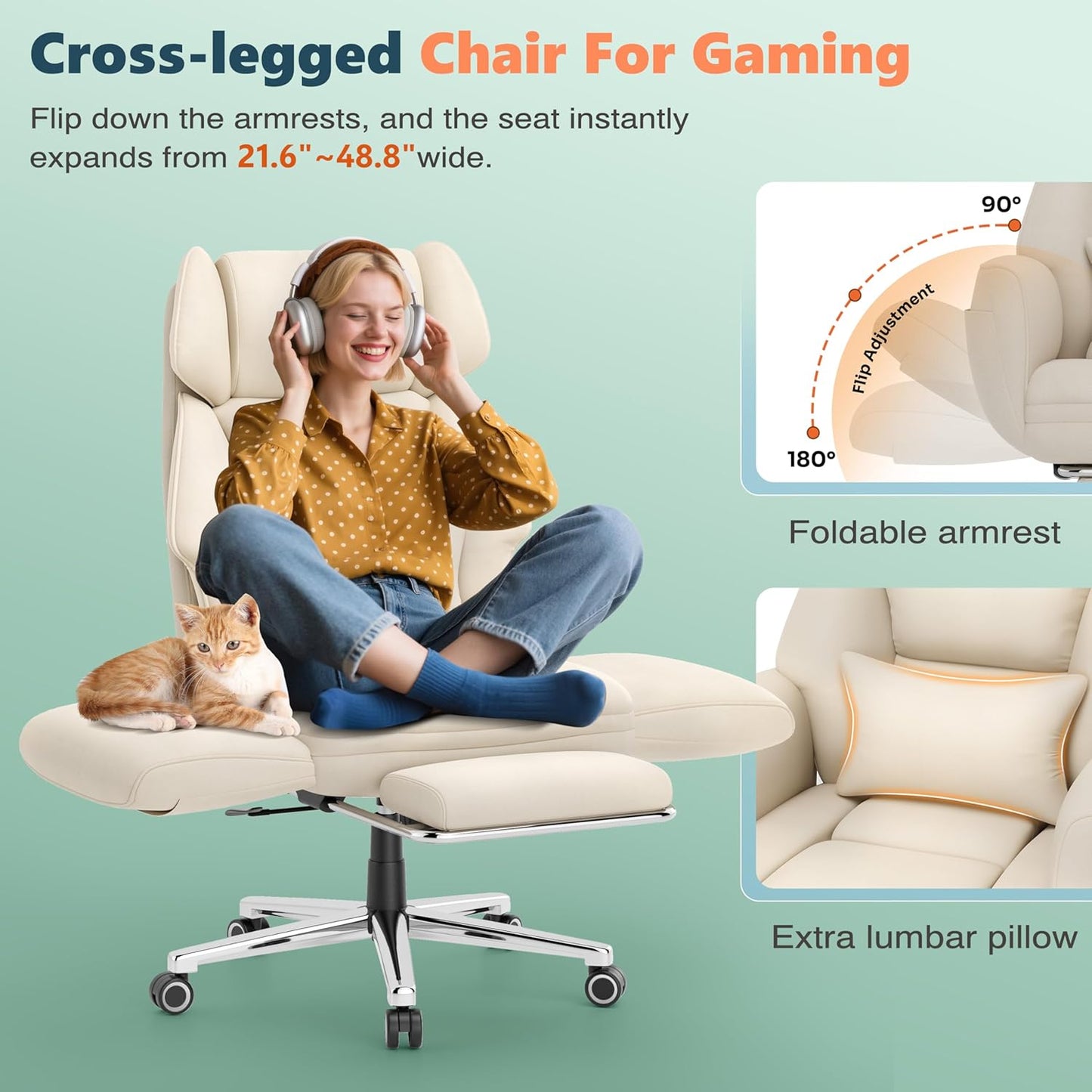 Office Criss Cross Chair with Footrest, Big and Tall Executive Chair with Wide Seat,Reversible Armrest,Wheels, Lumbar Pillow and 120°Tilt,Computer Desk Chair for Gaming,Meditation,Ivory