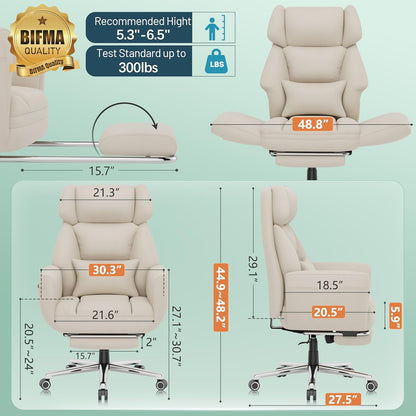 Office Criss Cross Chair with Footrest, Big and Tall Executive Chair with Wide Seat,Reversible Armrest,Wheels, Lumbar Pillow and 120°Tilt,Computer Desk Chair for Gaming,Meditation,Ivory