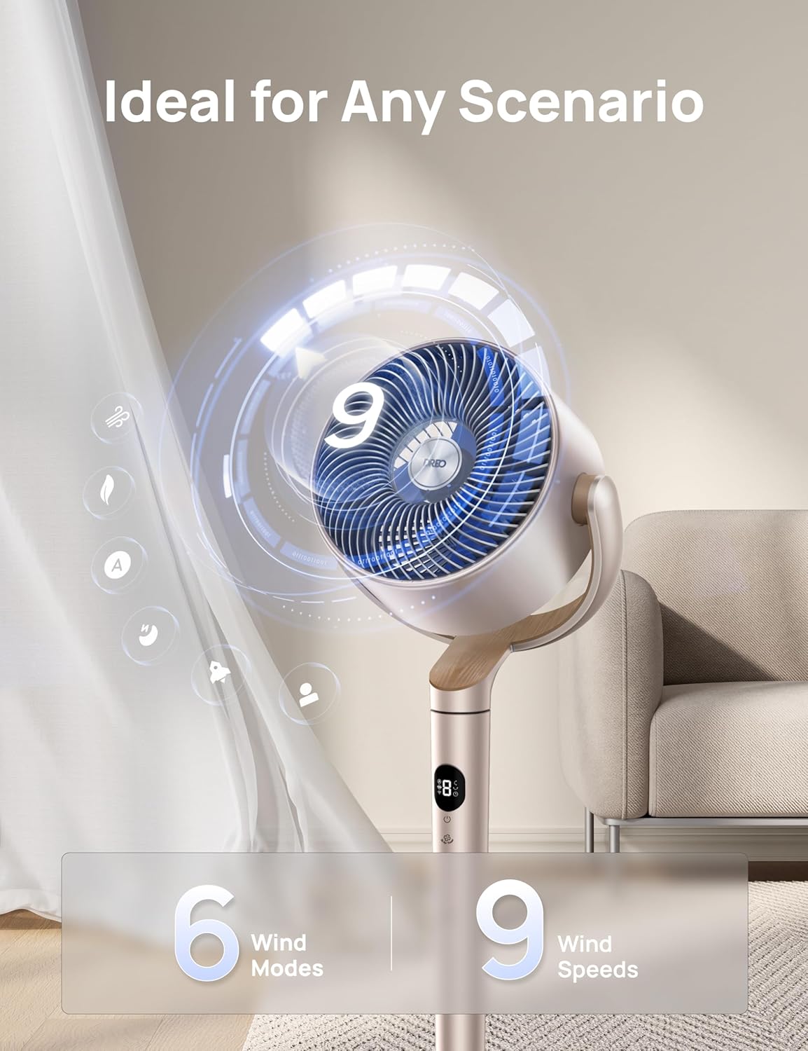 Smart Fans for Bedroom, 120° +120° Omni-Directional Oscillating Fan, 100Ft Quiet Pedestal Fan with RGB Light, 9 Speeds, 6 Modes, 20Db, 8H Timer, Wi-Fi/Voice, 37-42" Floor Fans, Starlight