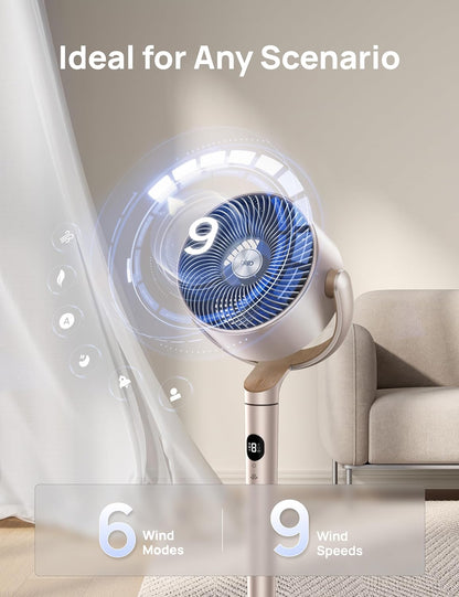 Smart Fans for Bedroom, 120° +120° Omni-Directional Oscillating Fan, 100Ft Quiet Pedestal Fan with RGB Light, 9 Speeds, 6 Modes, 20Db, 8H Timer, Wi-Fi/Voice, 37-42" Floor Fans, Starlight