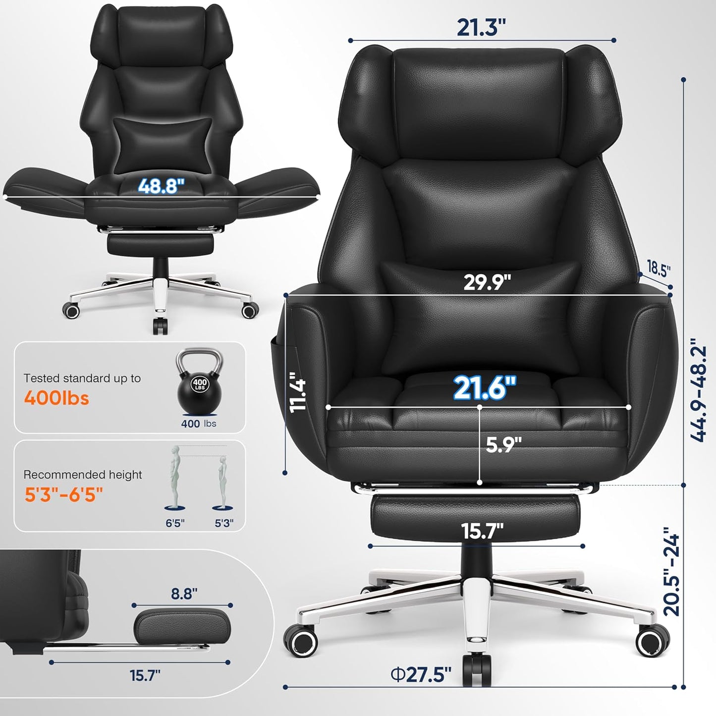 Ergonomic Chair with Footrest – Wide Cross Legged Chair with Reversible Armrests, 120°Tilt, Lumbar Support,Heavy-Duty Base, Big and Tall Executive Chair Plus, Black, GY82766