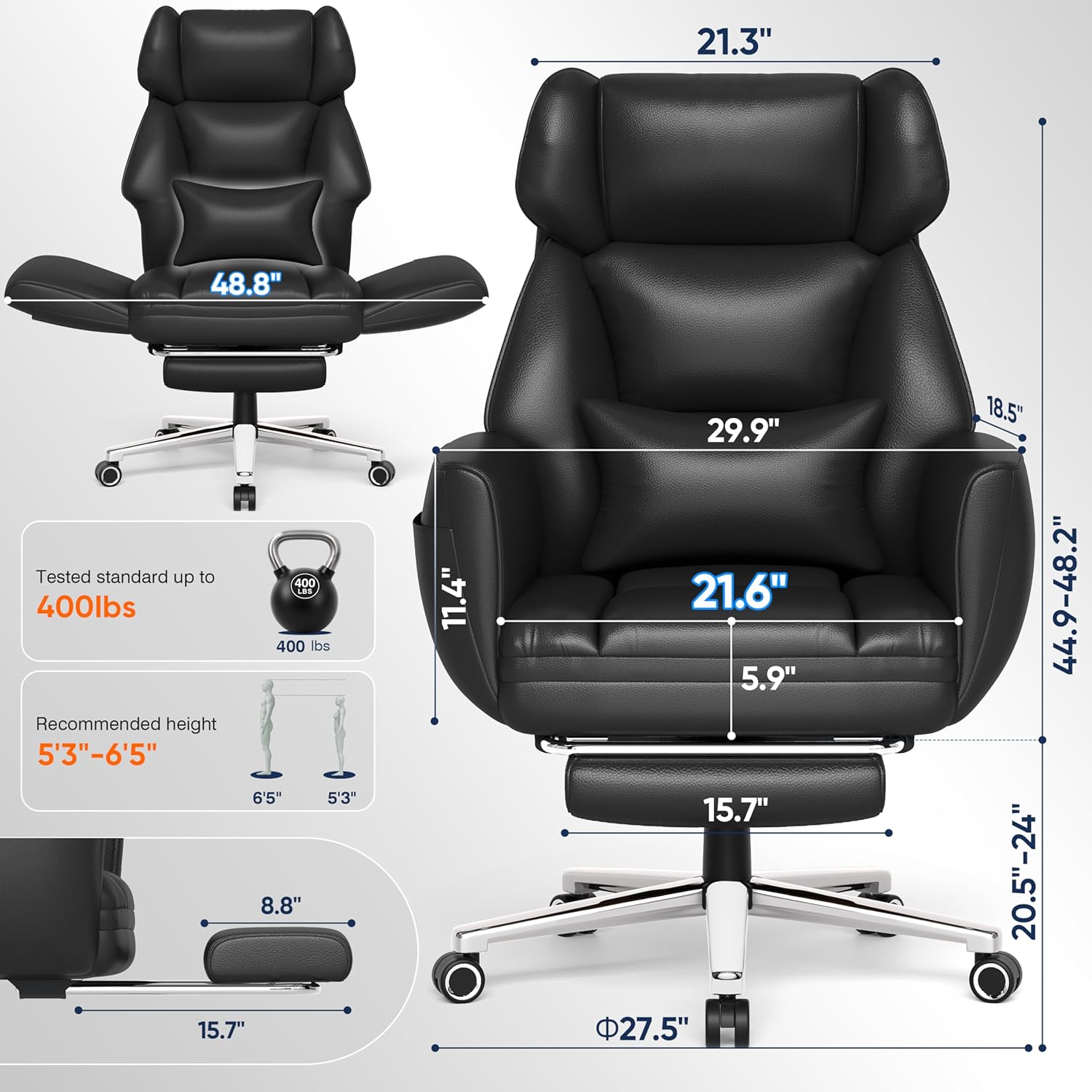 Ergonomic Chair with Footrest – Wide Cross Legged Chair with Reversible Armrests, 120°Tilt, Lumbar Support,Heavy-Duty Base, Big and Tall Executive Chair Plus, Black, GY82766