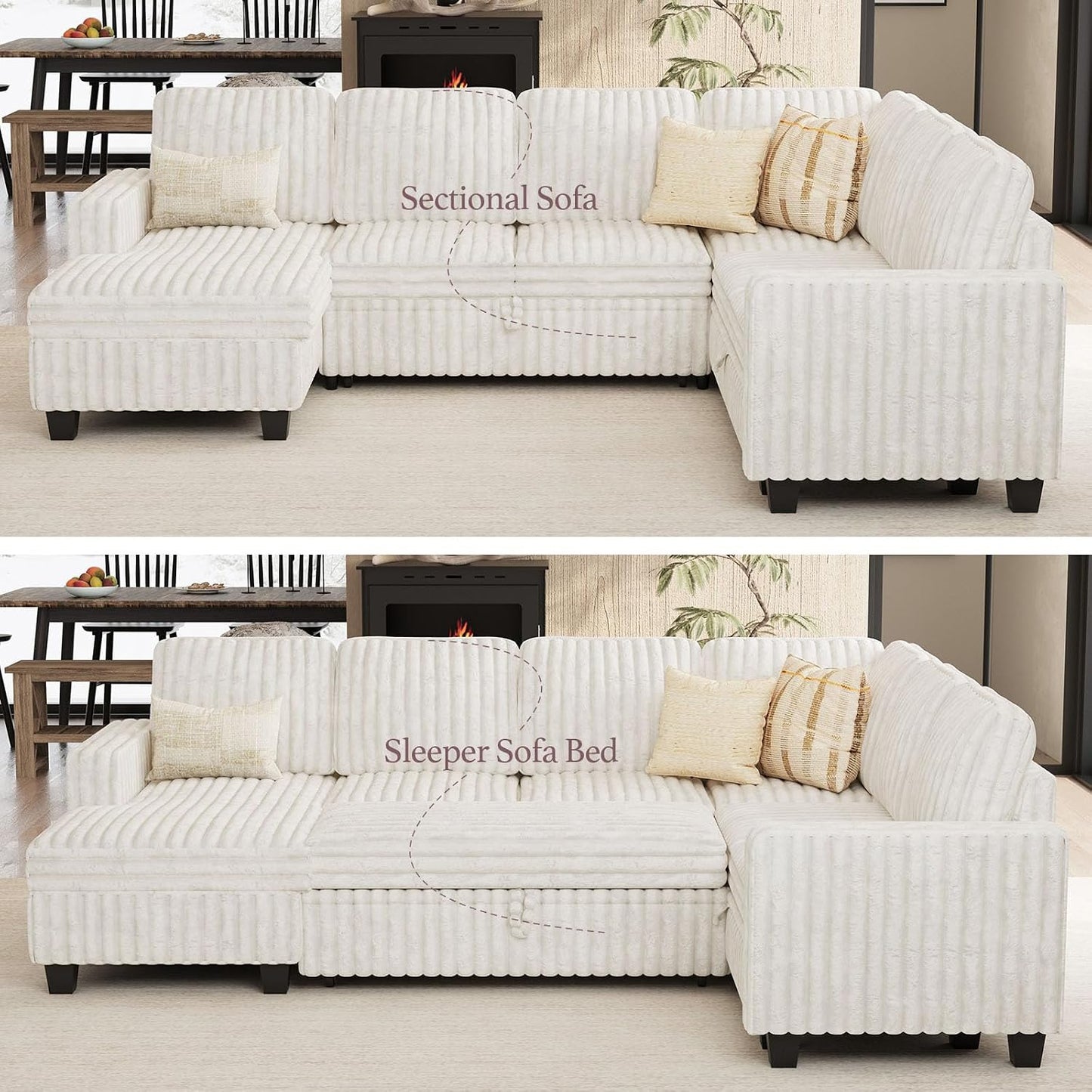 Corduroy Sleeper Sofa Bed with Storage Chaise Modular Sectional Sofa Couch with Pull Out Bed L Shaped Sectional Couches for Living Room Beige Couch