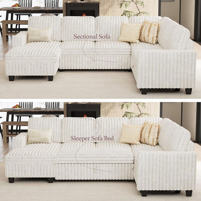 Corduroy Sleeper Sofa Bed with Storage Chaise Modular Sectional Sofa Couch with Pull Out Bed L Shaped Sectional Couches for Living Room Beige Couch