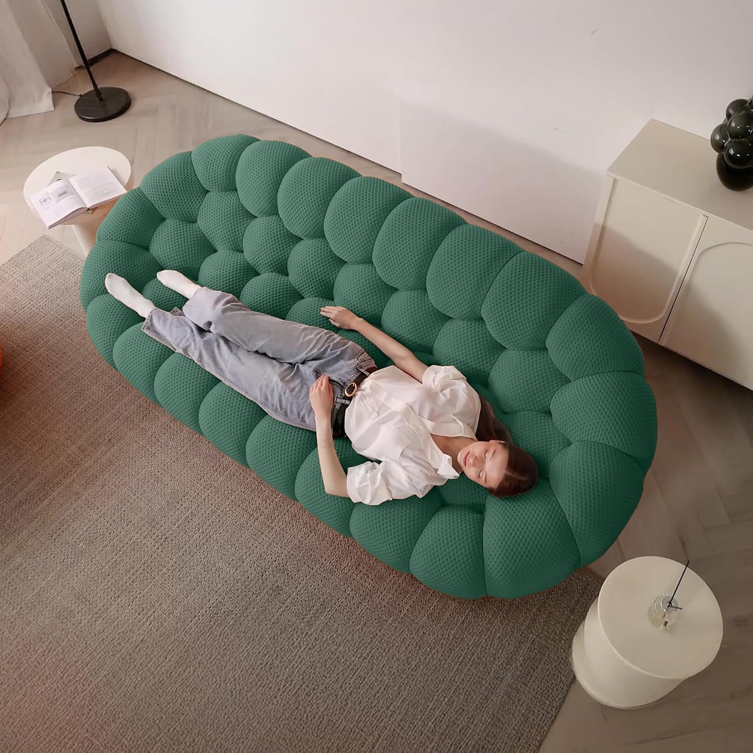 Bubble Couch, 98.43'' Modern 3-Seater Lazy Floor Couch, Memory Foam Bubble round Sofa 3D Honeycomb Shape Curved Sofas for Living Room, Office, Apartment (Green)
