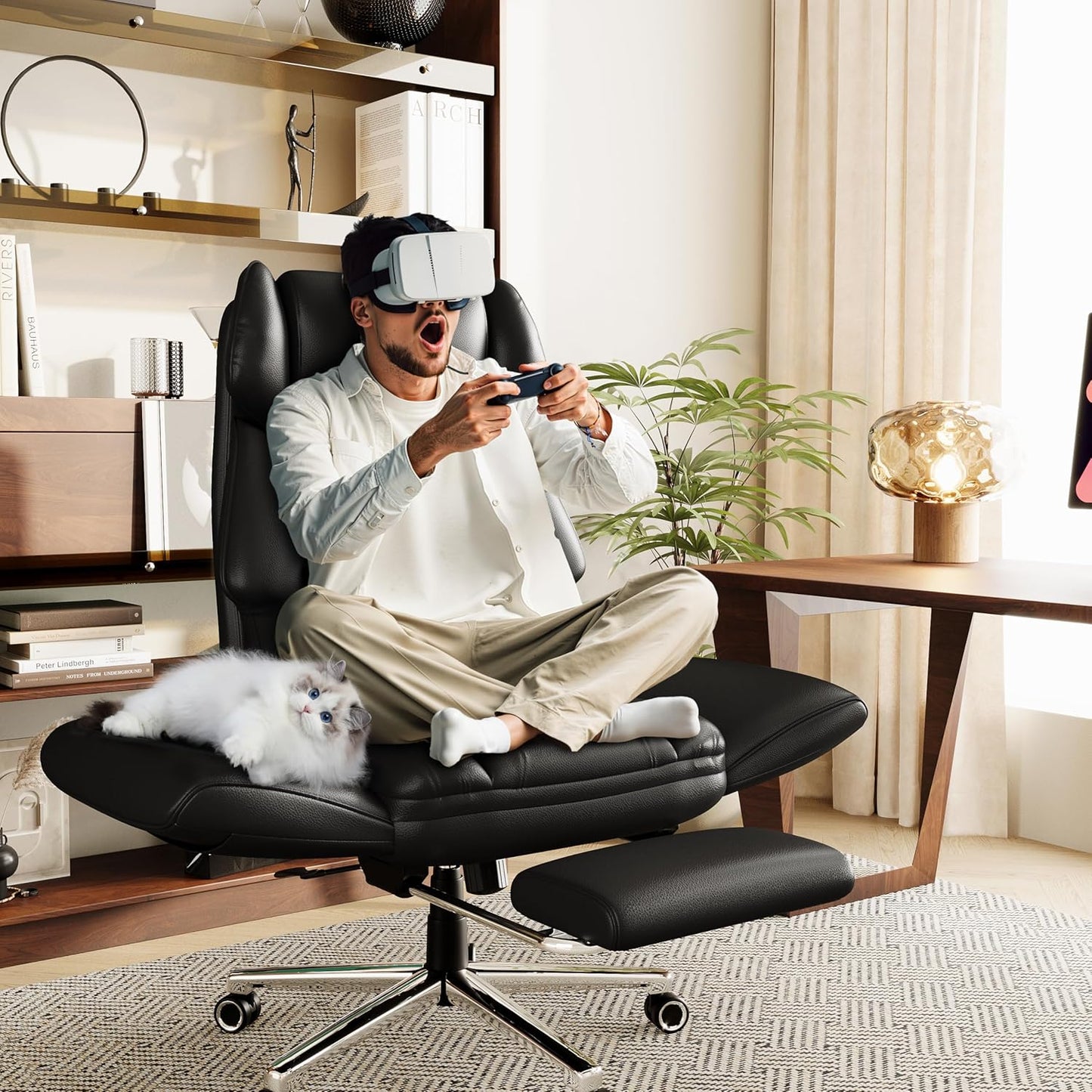 Ergonomic Chair with Footrest – Wide Cross Legged Chair with Reversible Armrests, 120°Tilt, Lumbar Support,Heavy-Duty Base, Big and Tall Executive Chair Plus, Black, GY82766