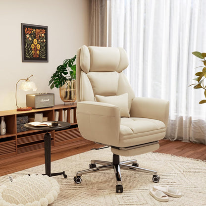 Office Criss Cross Chair with Footrest, Big and Tall Executive Chair with Wide Seat,Reversible Armrest,Wheels, Lumbar Pillow and 120°Tilt,Computer Desk Chair for Gaming,Meditation,Ivory