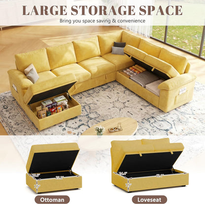 108 Inch Modular Sectional Sofa with Pull Out Bed,U Shaped 7 Seat Sectional Sleeper Sofa with Storage,Sectional Couches for Living Room,Cloud Modular Couch,Removable Sofa Cover,Yellow