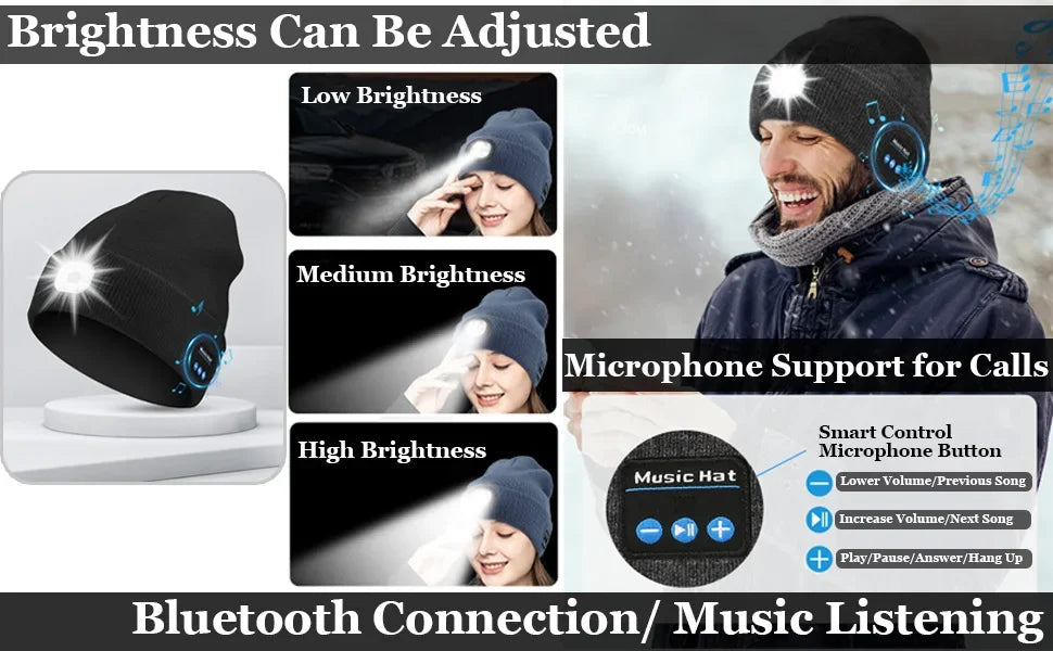 AudioBeam™ 3-in-1 Bluetooth Beanie — Built-In LED Headlamp & Wireless Headphones